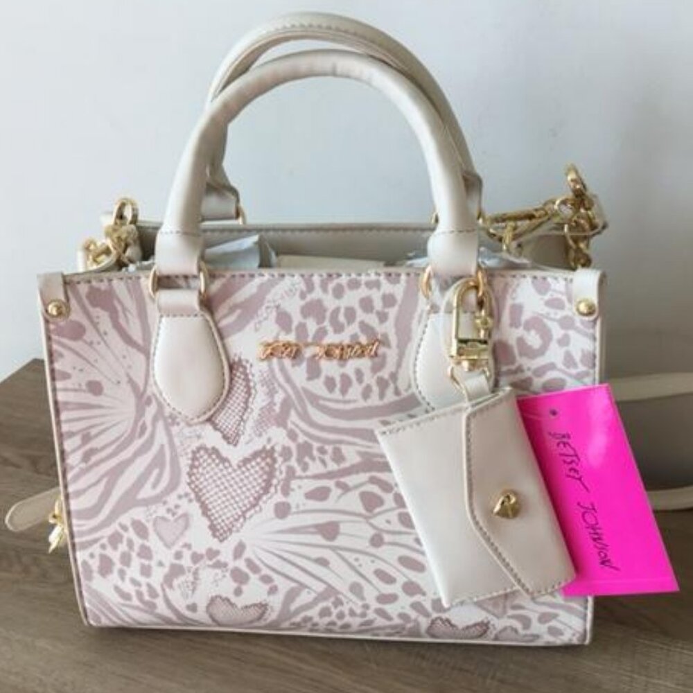 Betsey Johnson Pink and Cream Patterned Crossbody Satchel